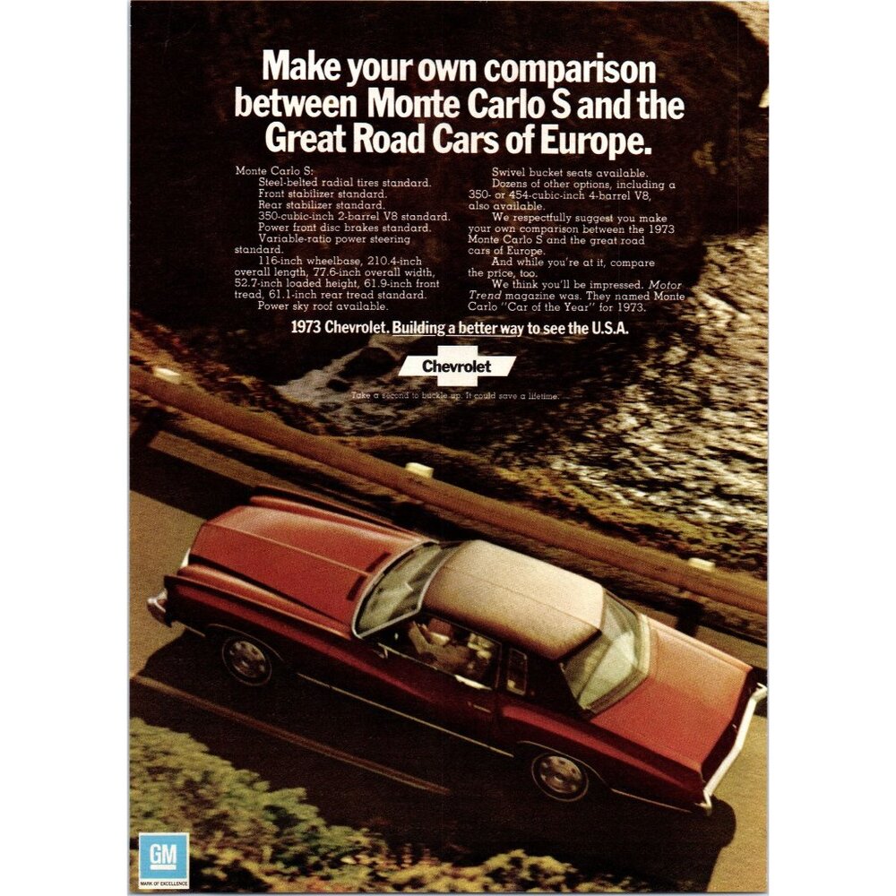 1973 Chevy Monte Carlo S Coupe Vintage Print Ad Aeriel Top View 70s Wall Art